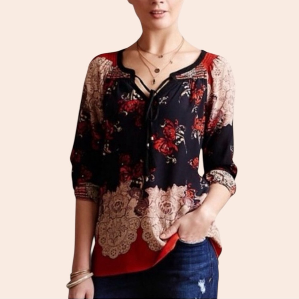Anthropologie Meadow Rue Silk Tunic Blouse Small Navy 
Orange Boho Revival